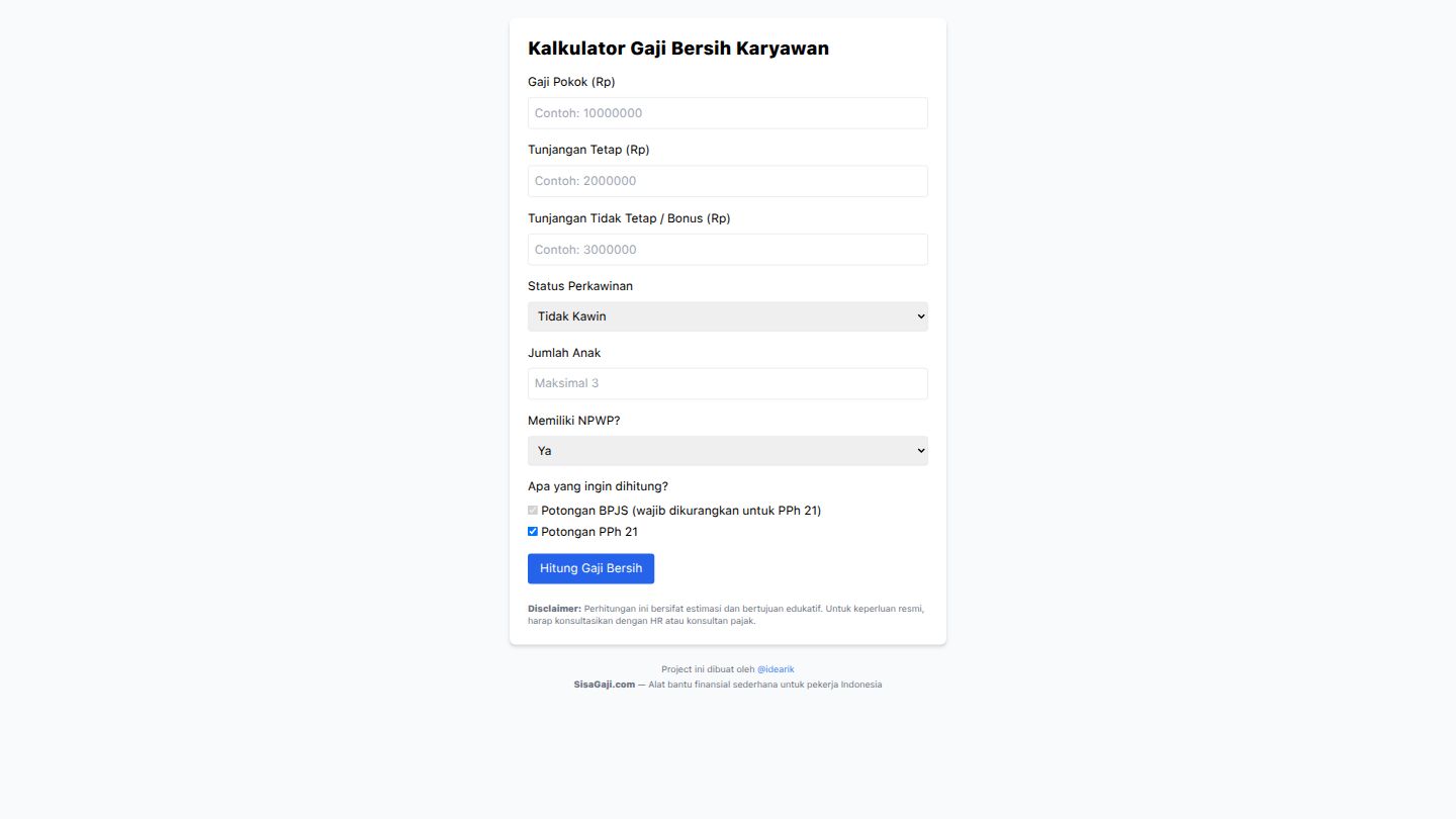 SisaGaji.com Indonesian salary calculator interface showing fields for gross salary, allowances, marital status, and tax calculations